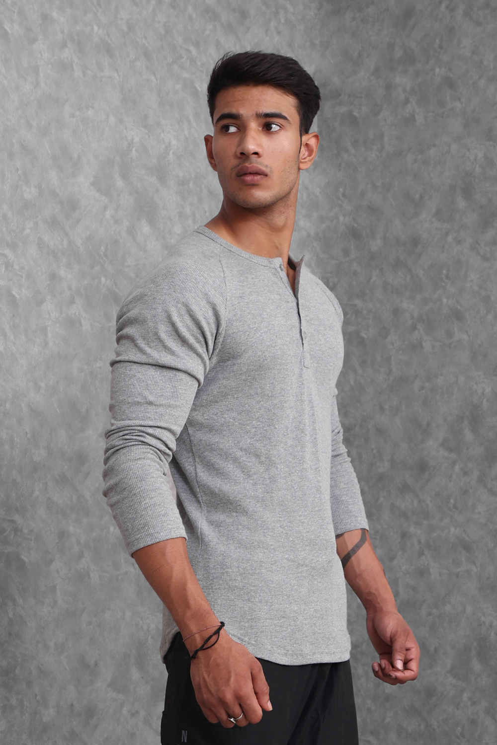 Muscle Up- Ribbed Henley T-shirts - Grey
