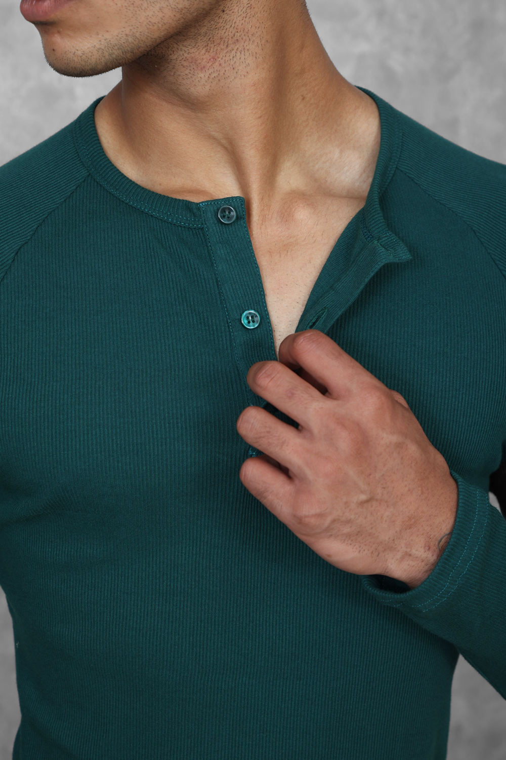 Muscle Up- Ribbed Henley T-shirts - Green