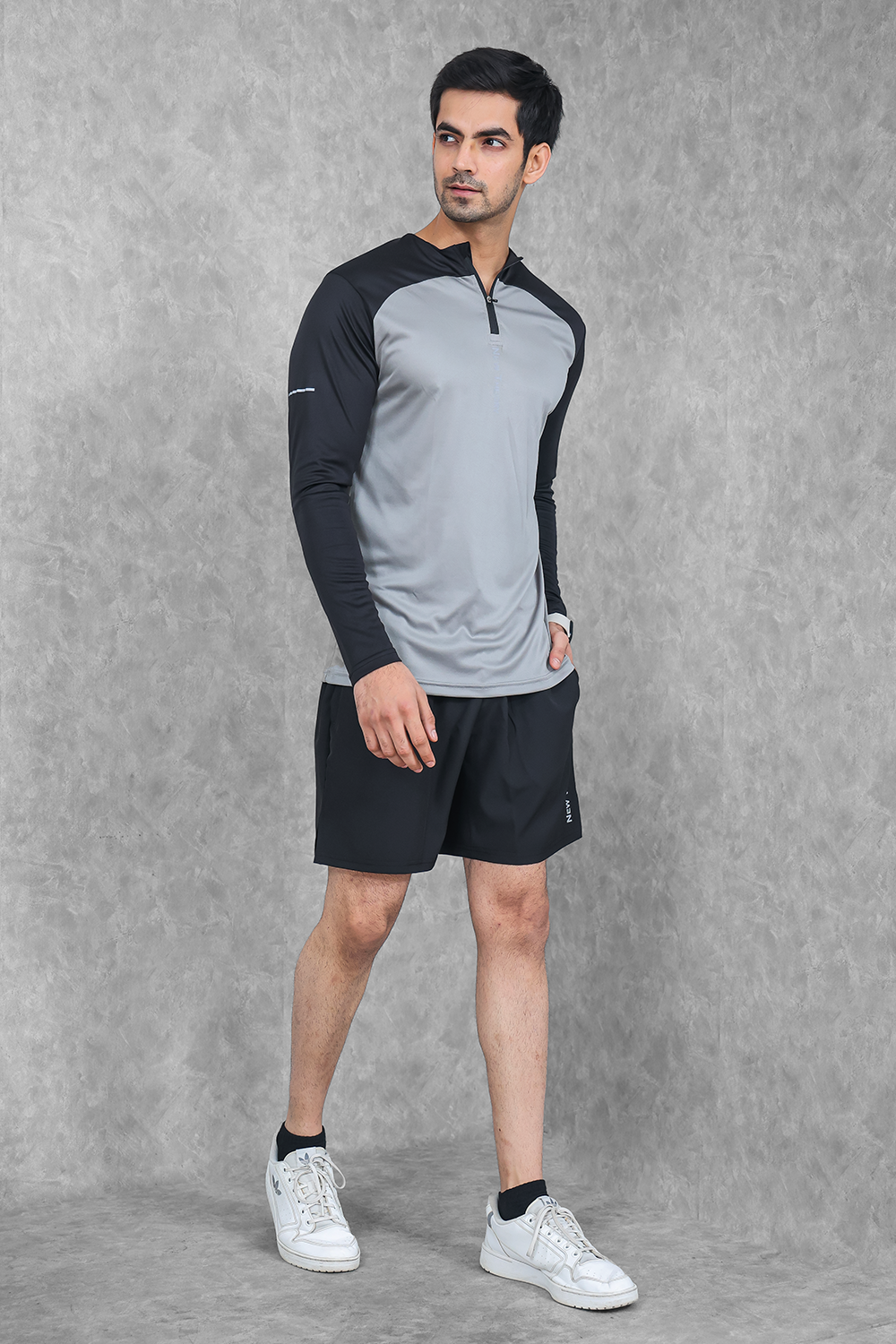 Active Two-Tone 1/4 zip & Shorts Set- Grey/Black & Black