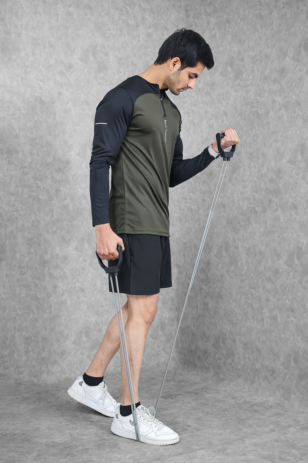 Active Two-Tone 1/4 zip & Shorts Set- Olive/Black & Black