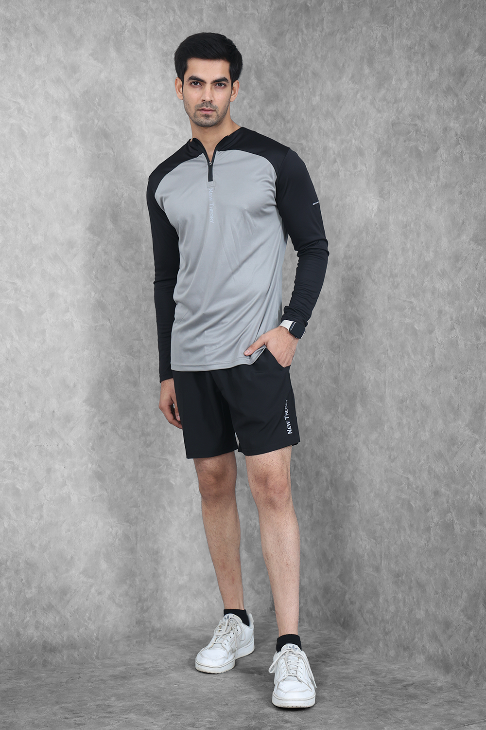 Active Two-Tone 1/4 zip & Shorts Set- Grey/Black & Black