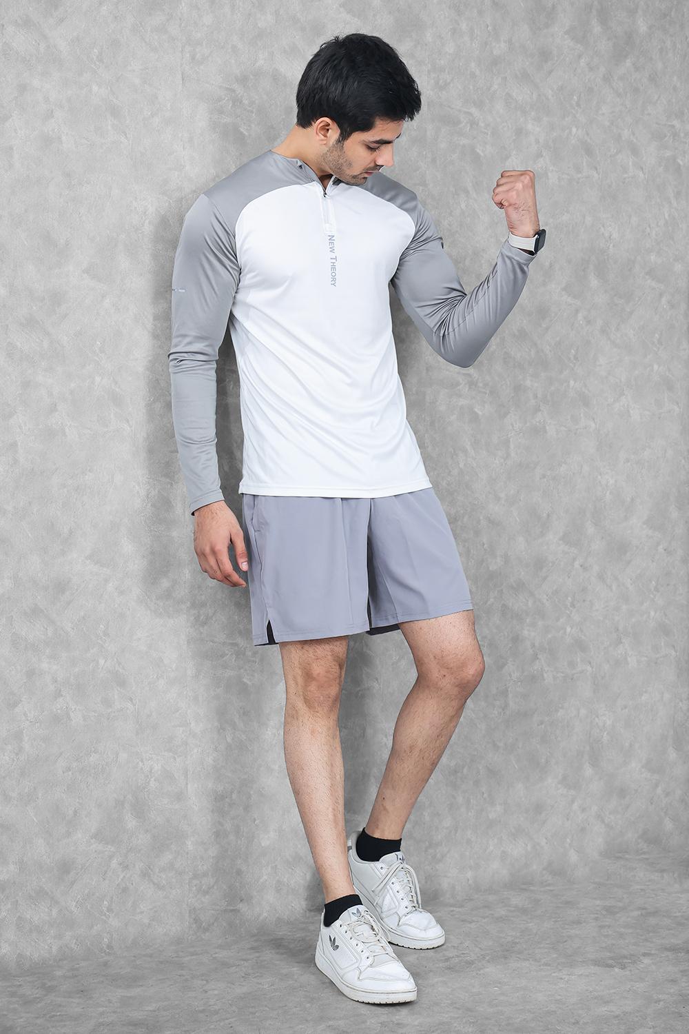 Active Two-Tone 1/4 zip & Shorts Set- White/Grey & Grey