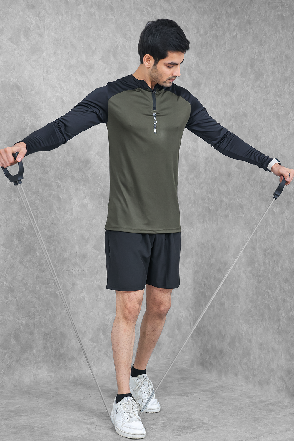 Active Two-Tone 1/4 zip & Shorts Set- Olive/Black & Black