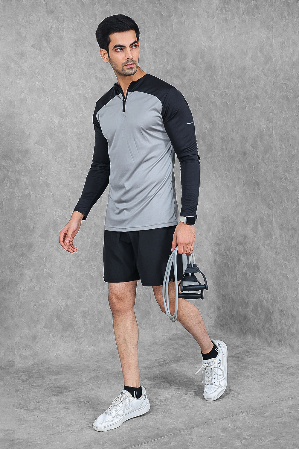 Active Two-Tone 1/4 zip & Shorts Set- Grey/Black & Black