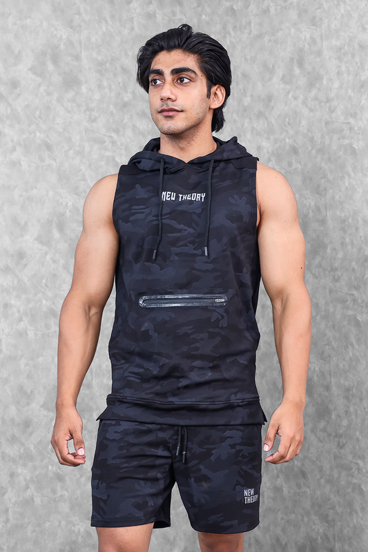 Camo Sleeveless Hoodie- Black