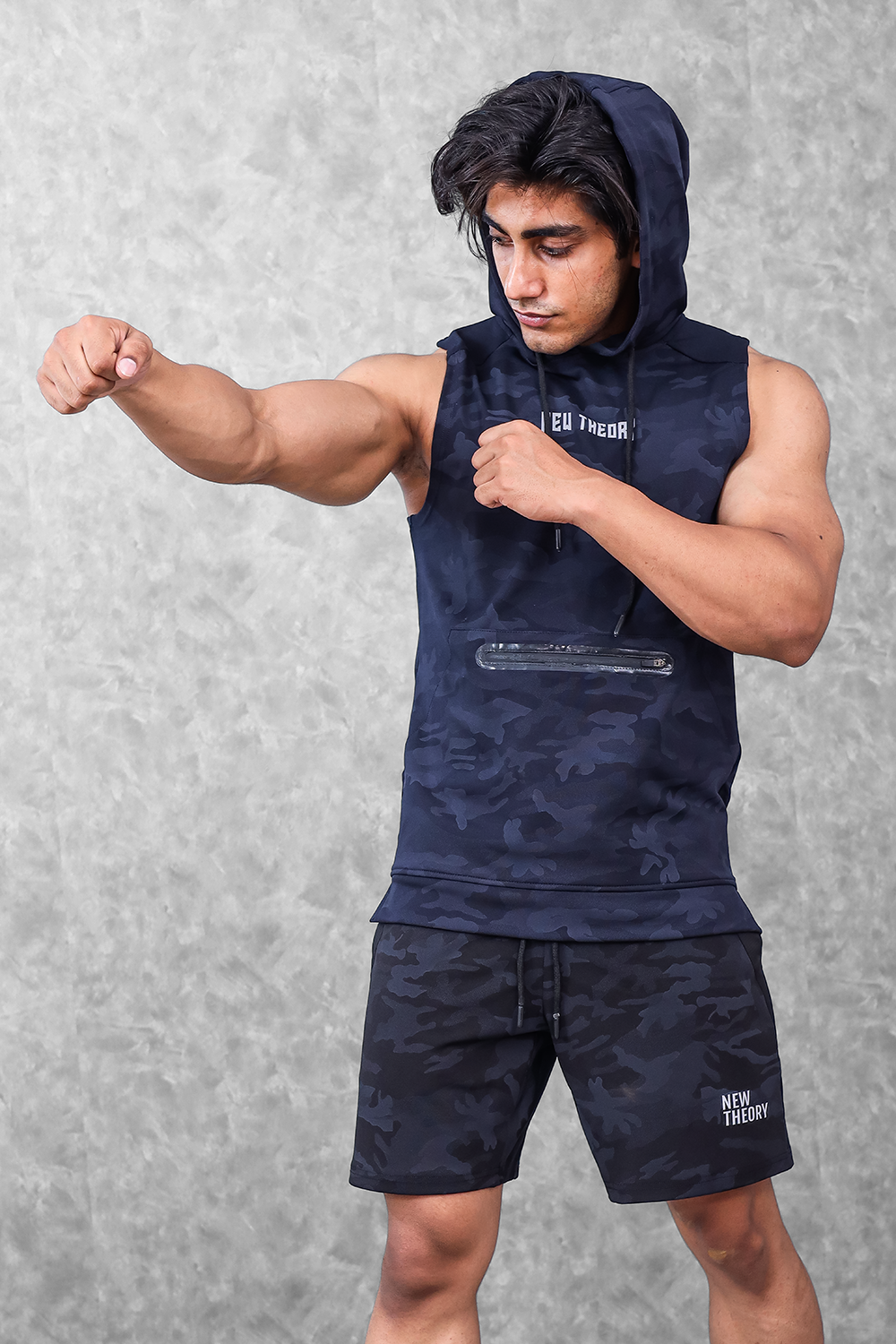 Camo Sleeveless Hoodie- Navy