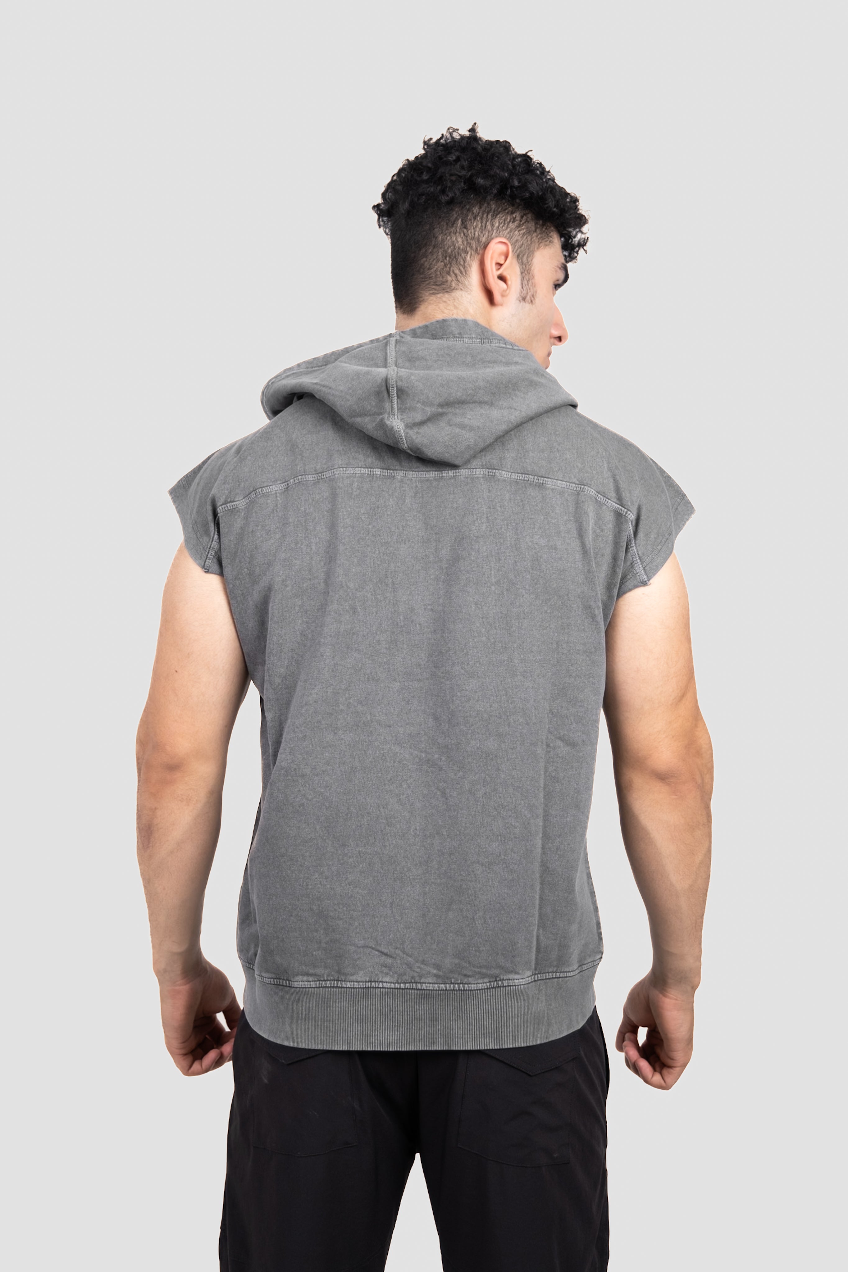 Muscle Up- Washed Sleeveless Zip Hoodie -Dark Grey
