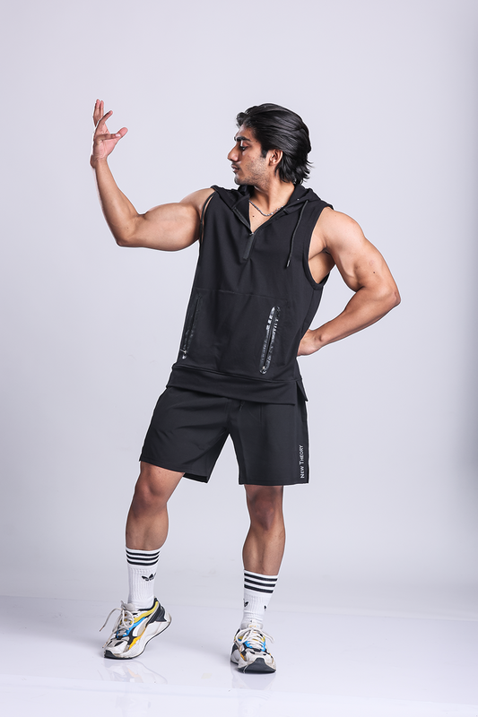 Athletic Training Sleeveless Hoodie- Black