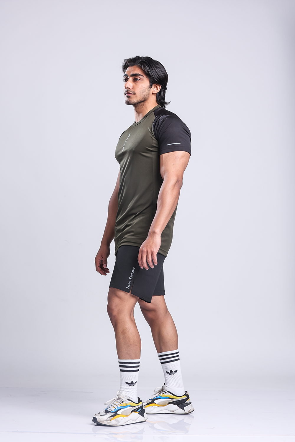 Active Two-tone T-shirt + Shorts set- Olive/Black & Black